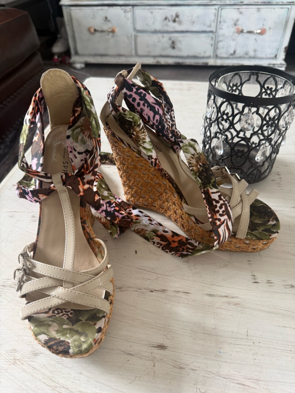 Call It Spring Beige Wedge Sandals with Floral-Animal Wrap